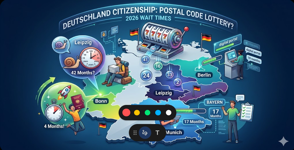 Illustration mapping the German Citizenship Wait Times 2026, highlighting the massive 42-month paper backlog in Leipzig versus the 4-month fast track in Bonn.