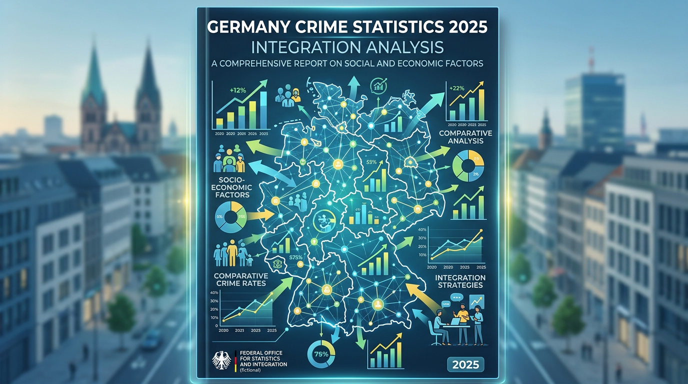 Map of Germany with crime and integration statistics, charts, and icons for 2025