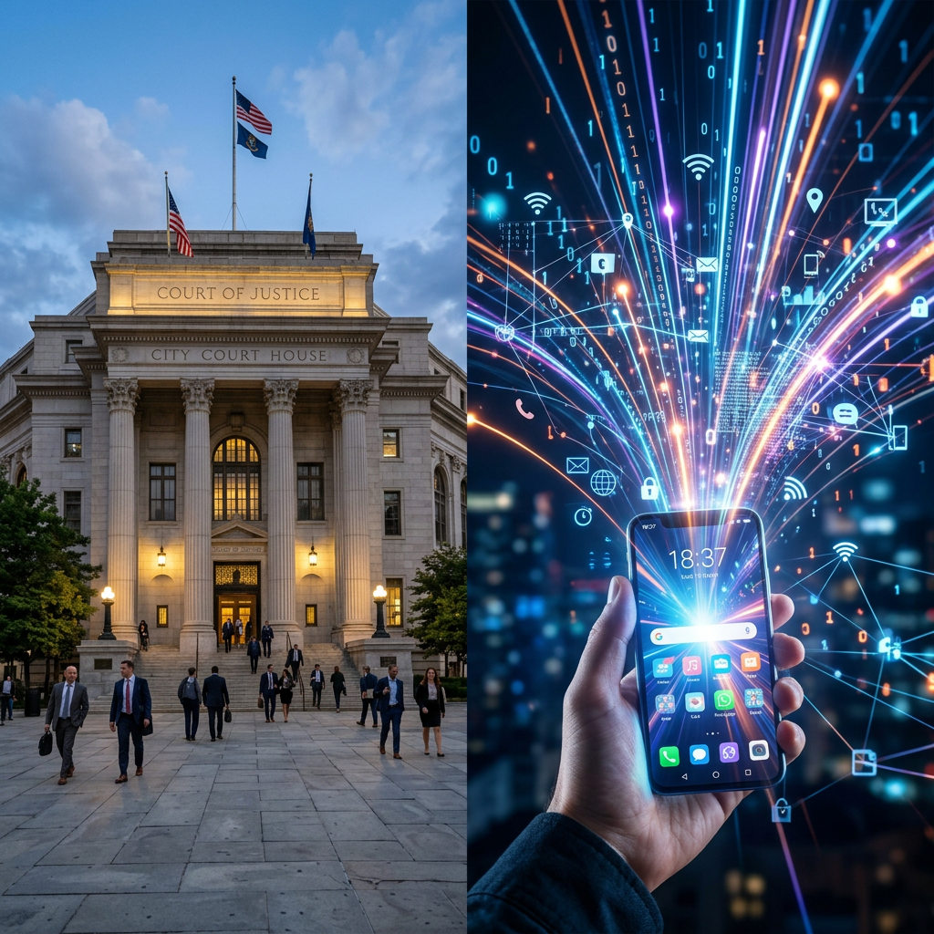 City courthouse exterior in evening with people walking and hand holding smartphone with digital data icons