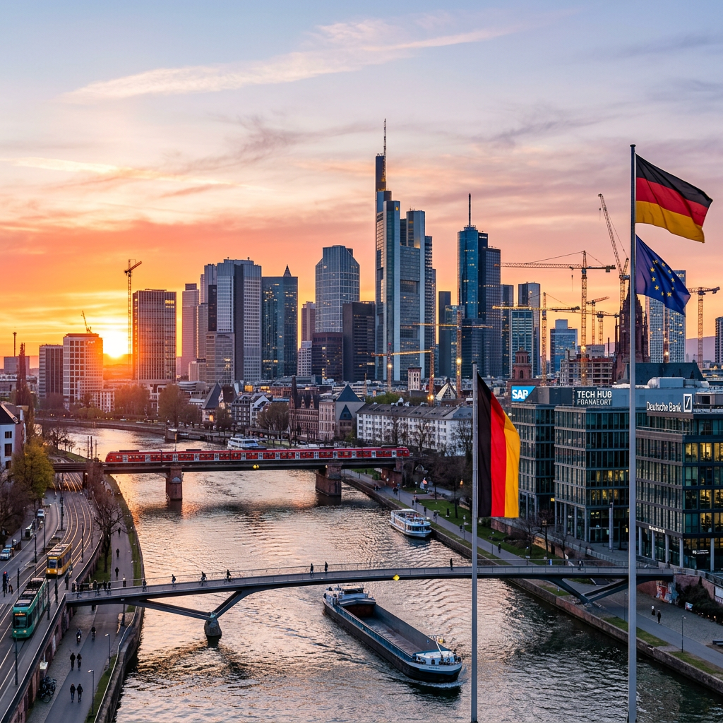 Frankfurt city skyline at sunset with river, bridges, boats, and German and EU flags