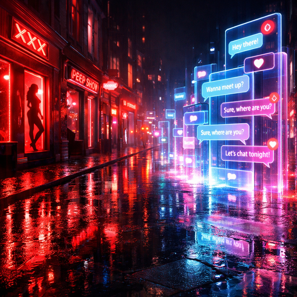Rainy city street with neon adult entertainment signs and holographic chat bubbles.