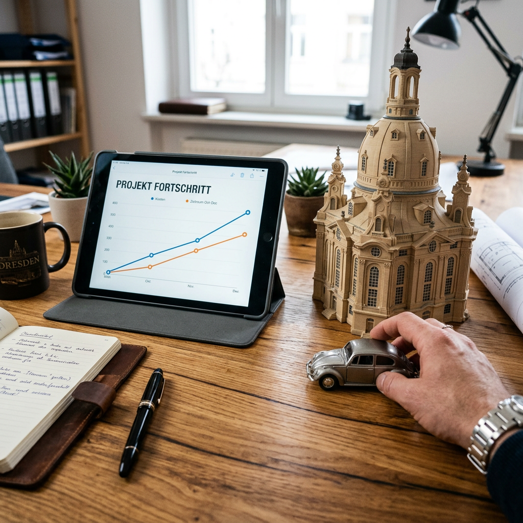 Tablet showing project progress chart beside an architectural building model on desk