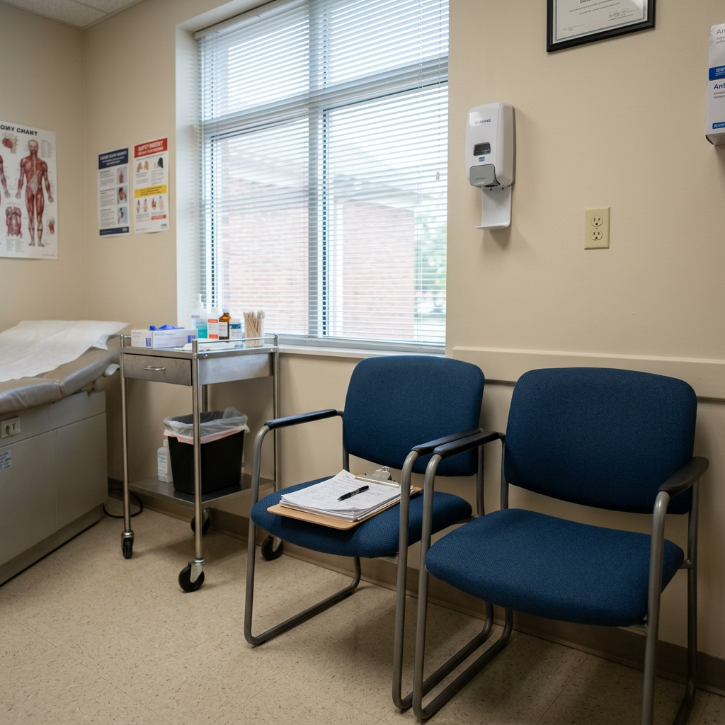 Medical exam room with two blue chairs, a table with medical supplies, examination table, and anatomical charts on the wall