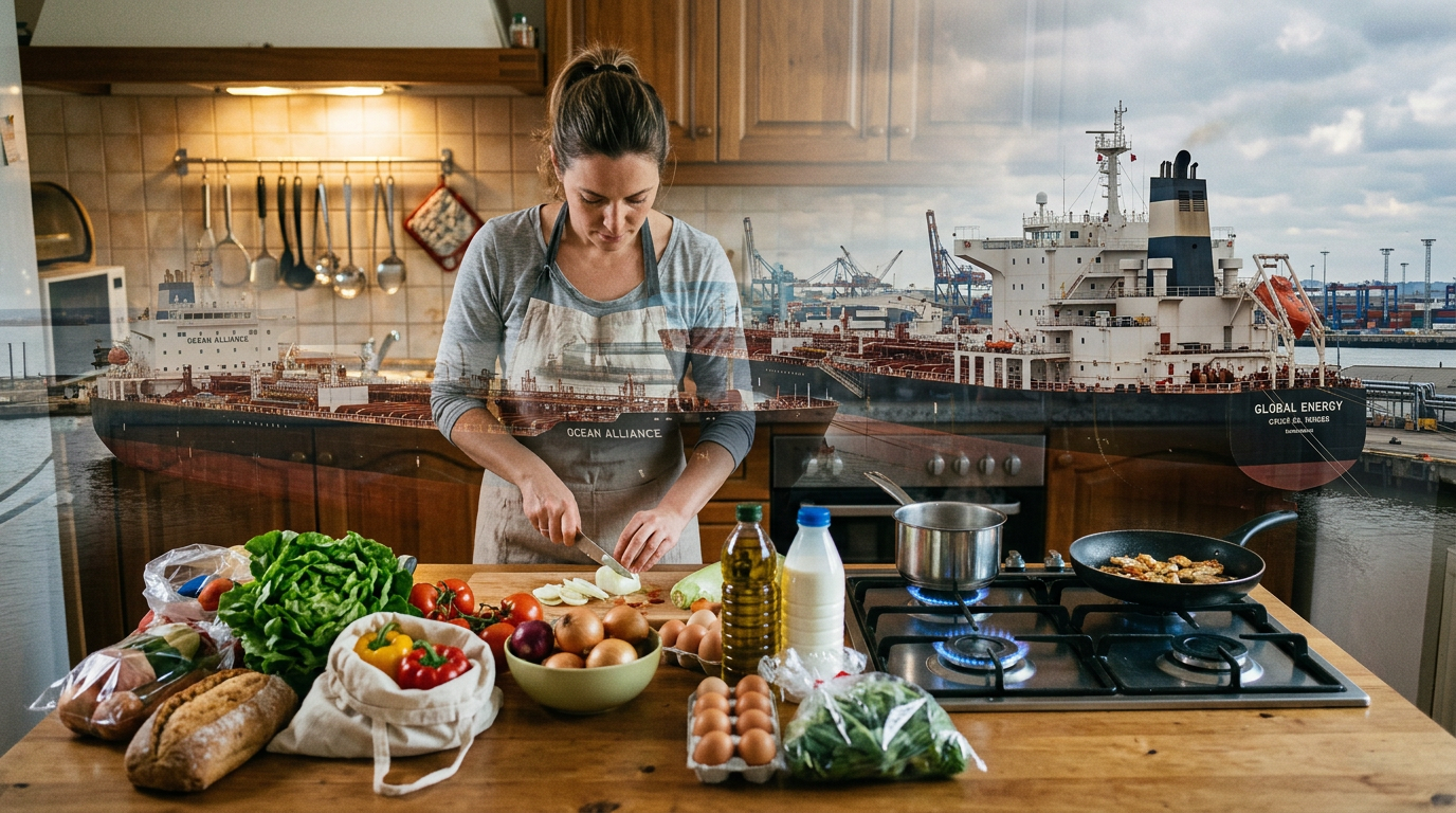 Woman chopping onions in kitchen with cargo ships overlaid in background at port