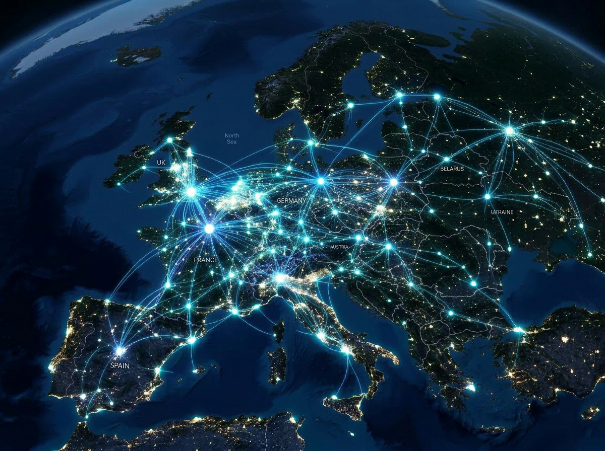 Map of Europe at night with glowing lines and nodes representing digital connections between cities