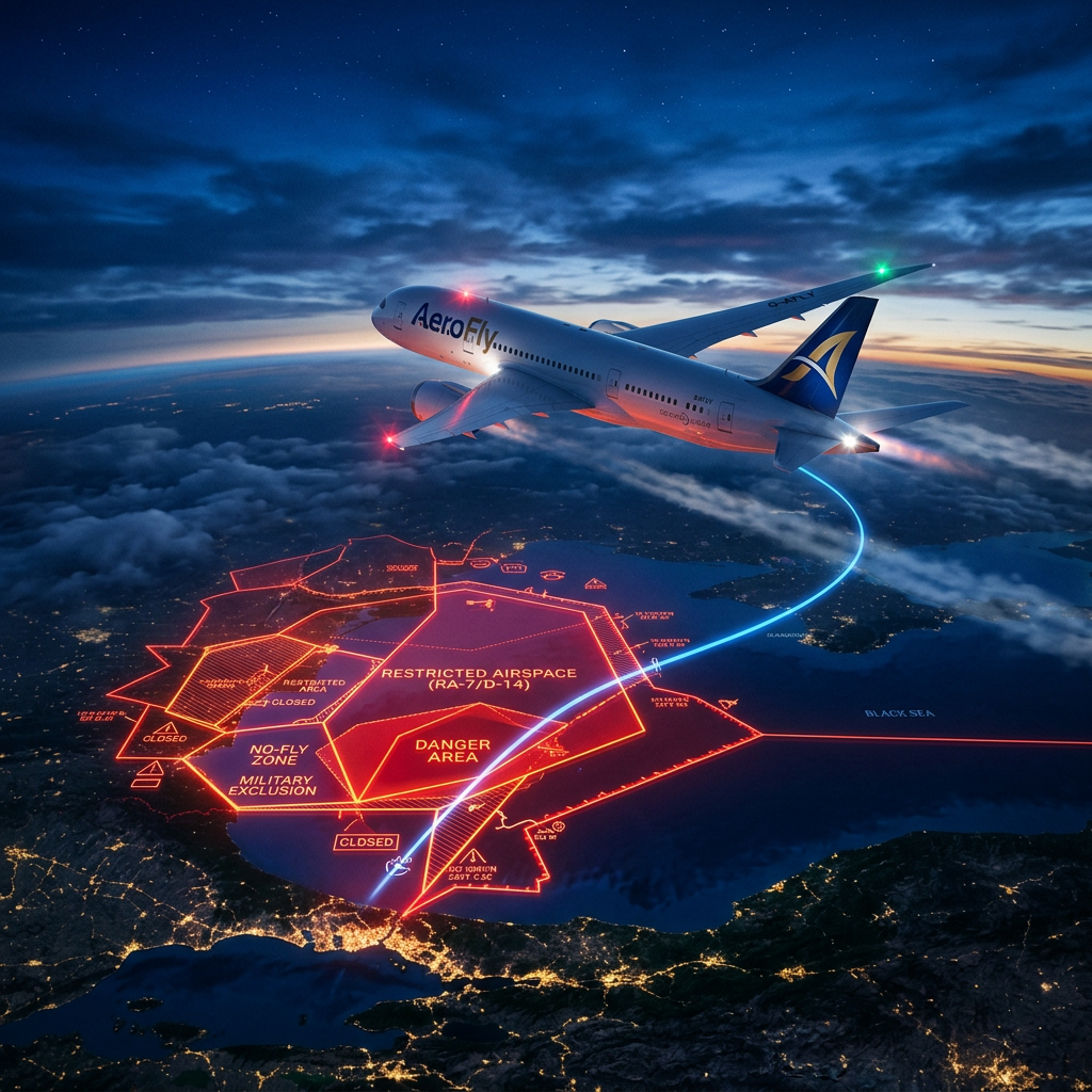 AeroFly plane flying over marked restricted, danger, and no-fly zones near a coastline at night