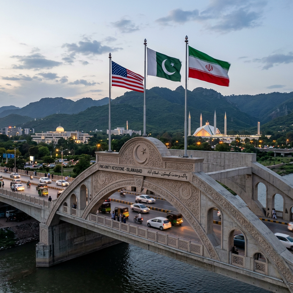 Pak-Unity Keystone Bridge in Islamabad with US, Pakistan, and Iran flags flying above it