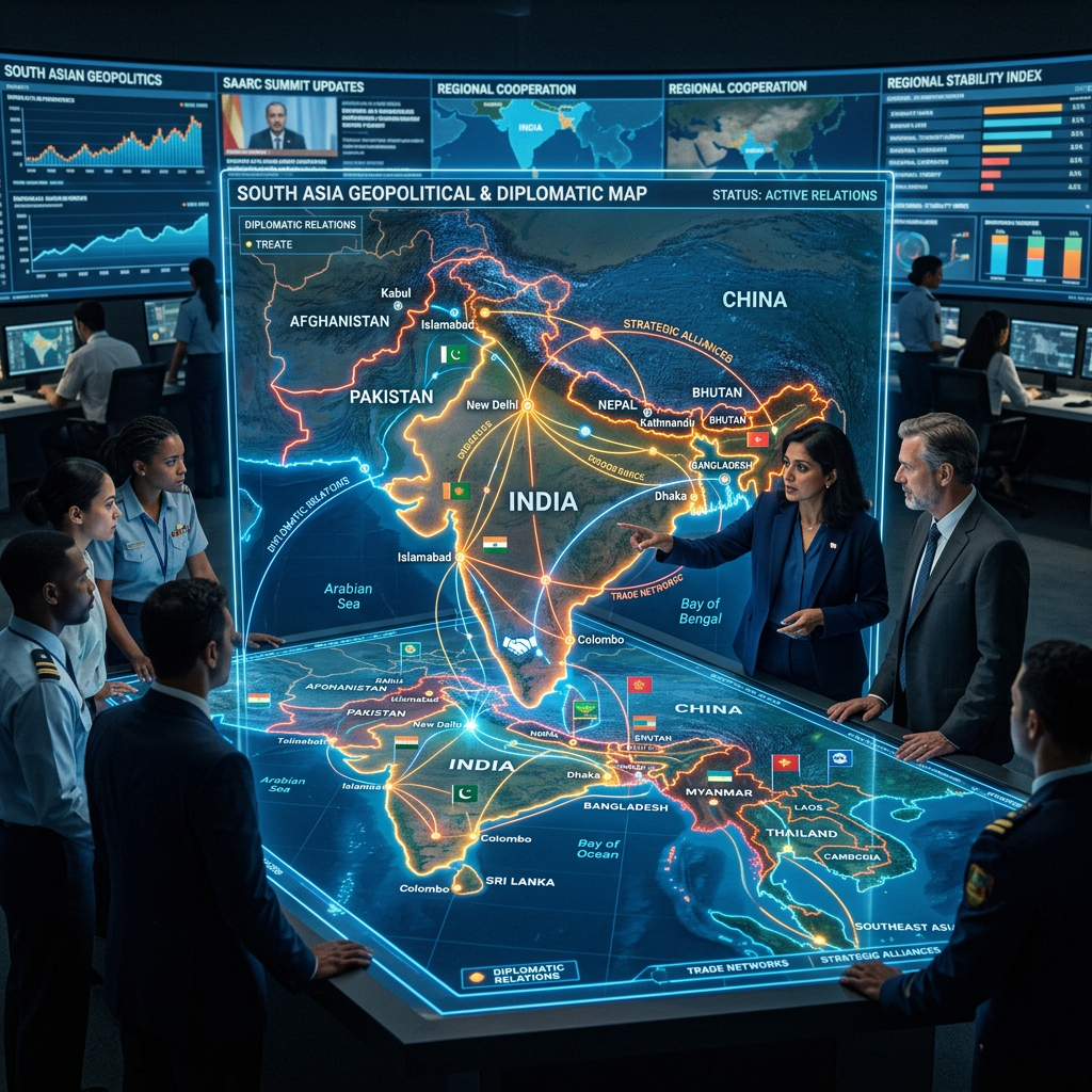 Digital geopolitical and diplomatic map of South Asia with trade and strategic alliances