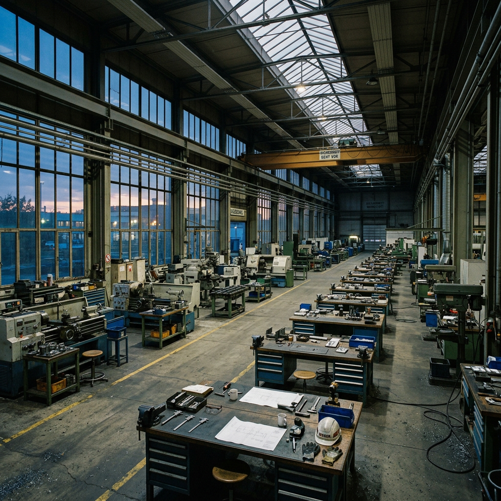 Large industrial workshop with rows of machining tools and workbenches under high windows and skylights