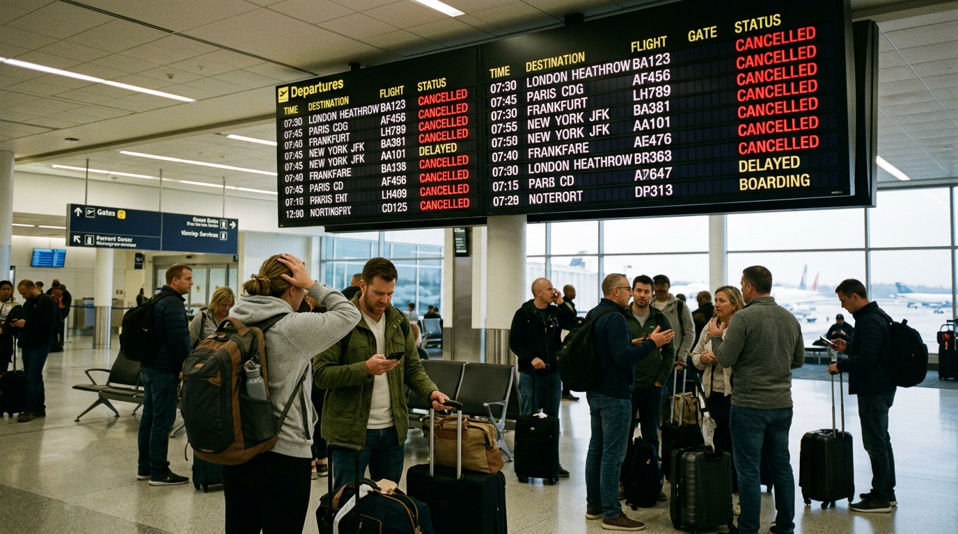 Airport departures board showing many flights cancelled with passengers waiting and discussing