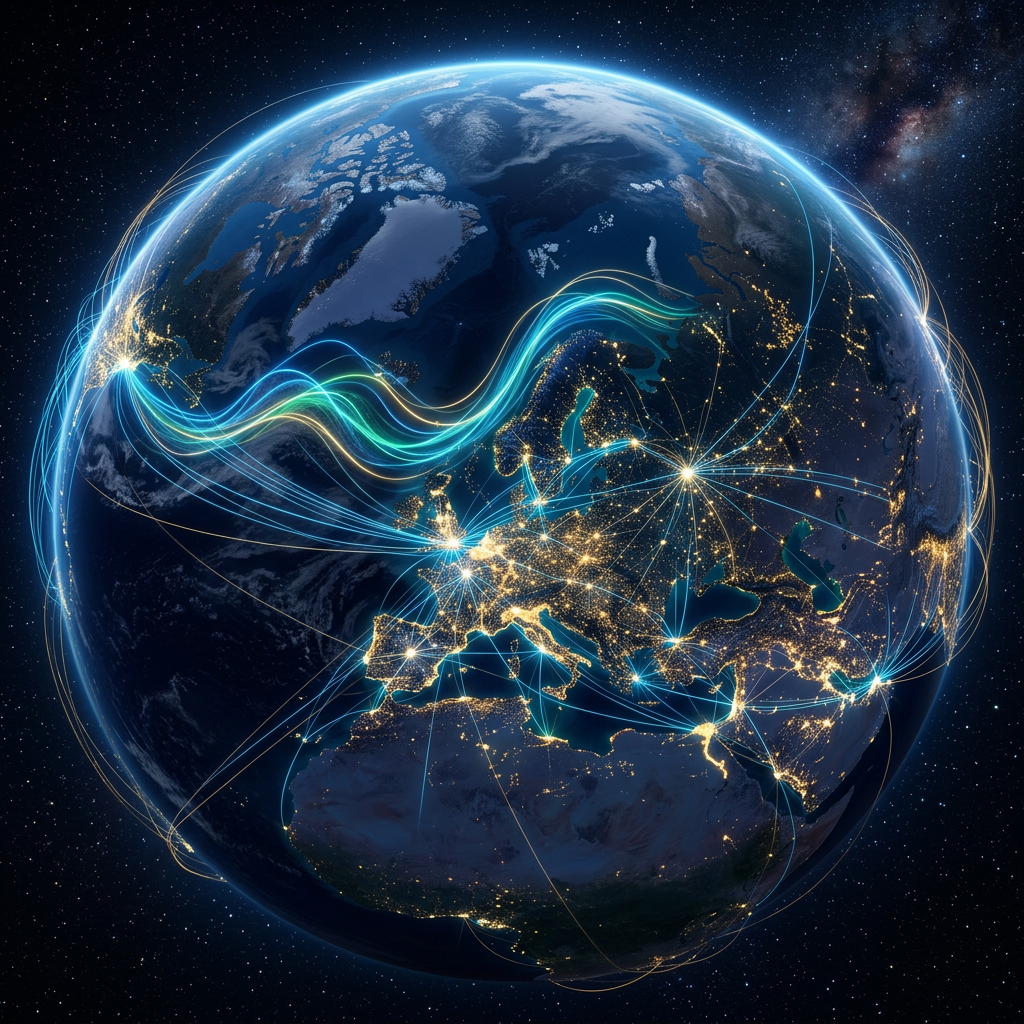 Earth at night showing Europe with illuminated cities and connecting digital network lines