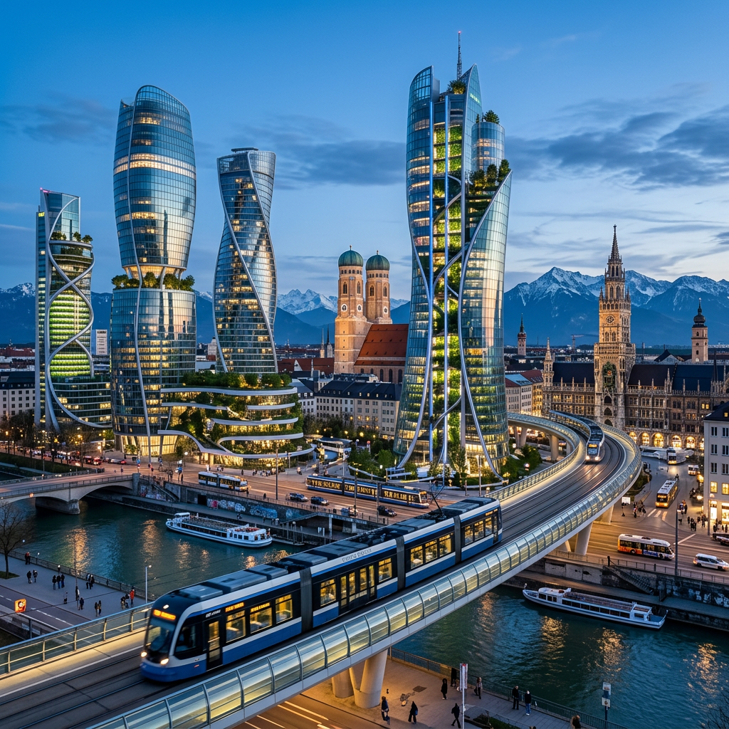 Modern cityscape with futuristic skyscrapers, greenery integrated into buildings, and a tram crossing a river at dusk