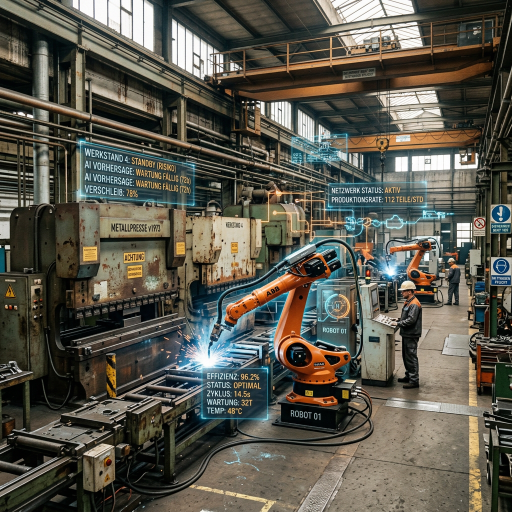 Industrial robotic arms welding metal parts in a factory with digital maintenance and status overlays