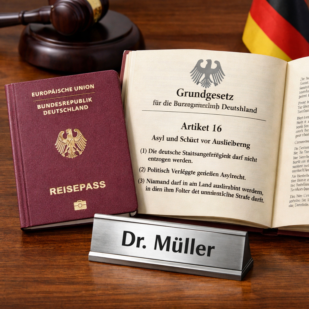 German passport next to open German Basic Law book showing Article 16