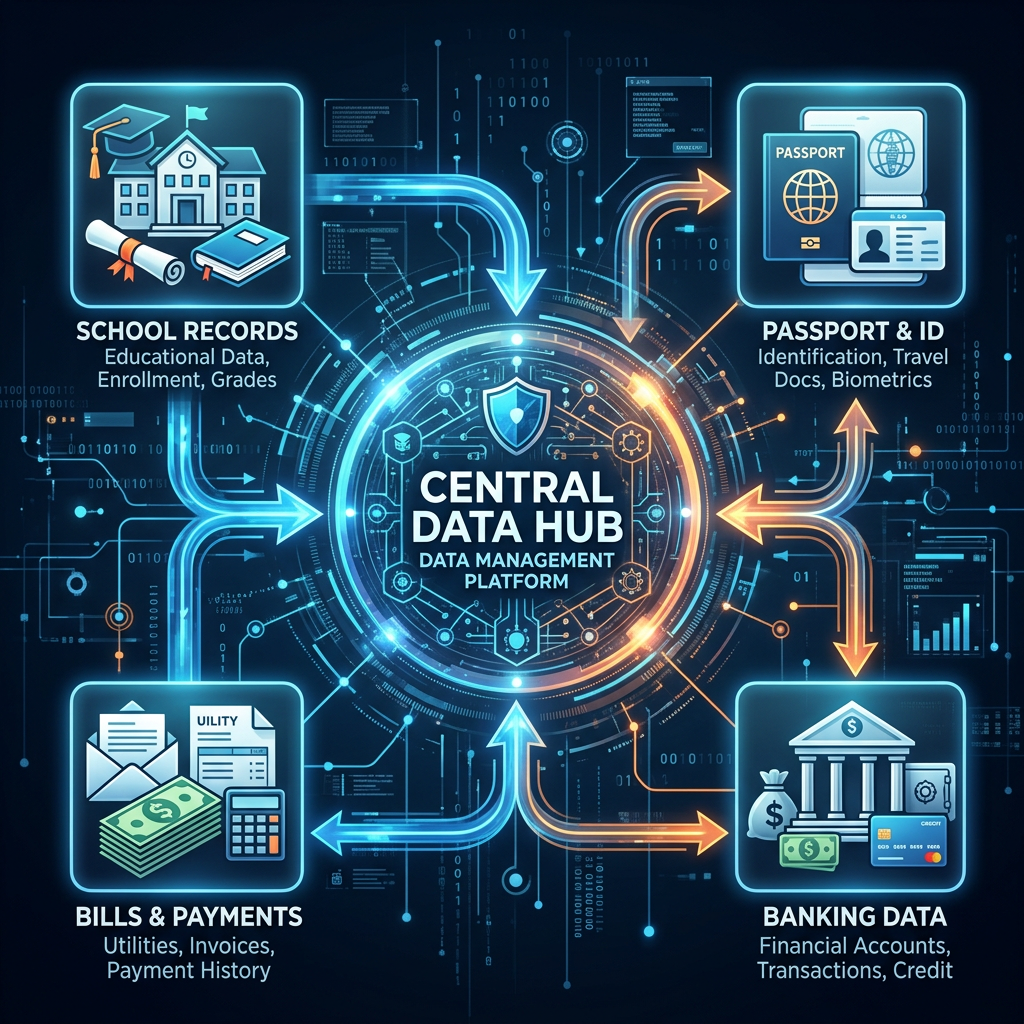Central data hub connecting school records, passport and ID, bills and payments, and banking data.