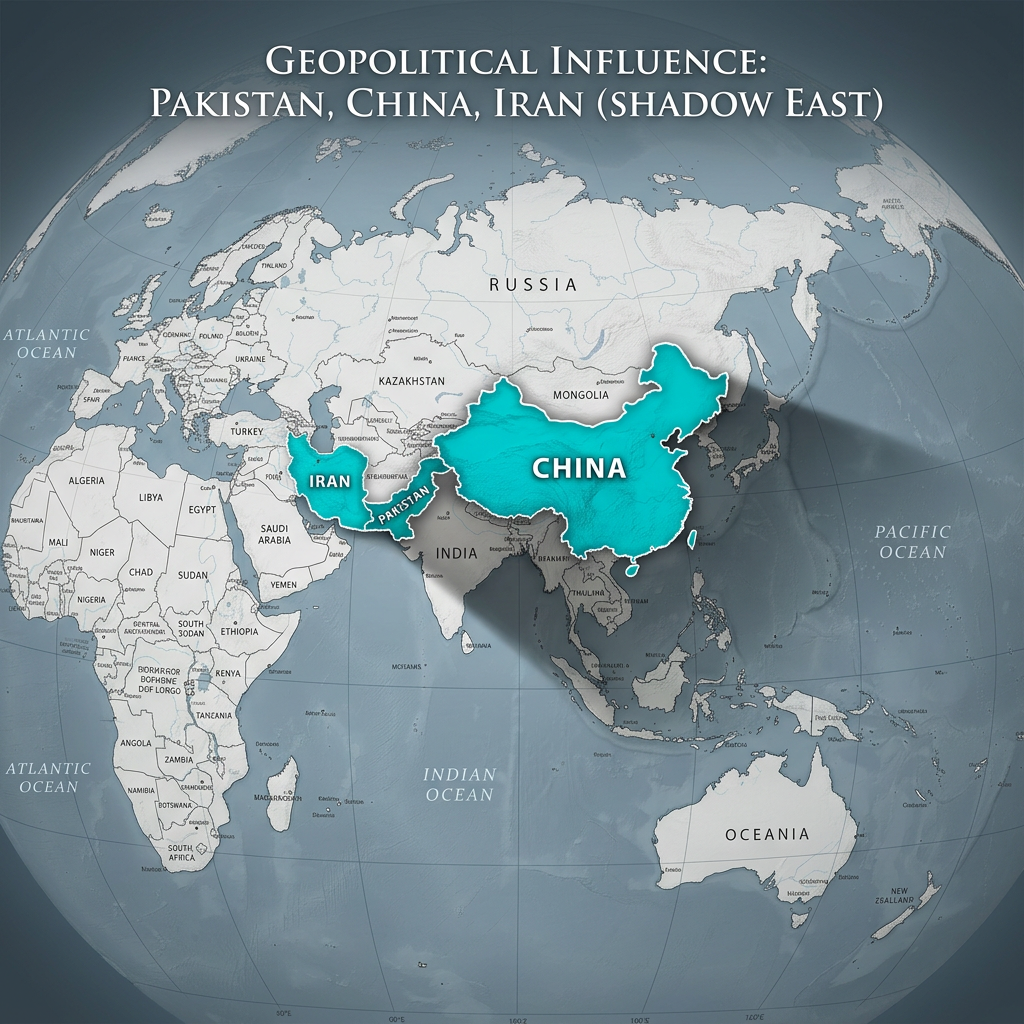 World map highlighting geopolitical influence of Pakistan, China, and Iran in blue