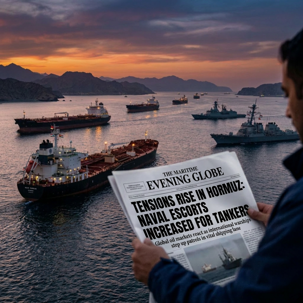 Tanker ships and naval warships in Strait of Hormuz at sunset with man reading newspaper about tensions