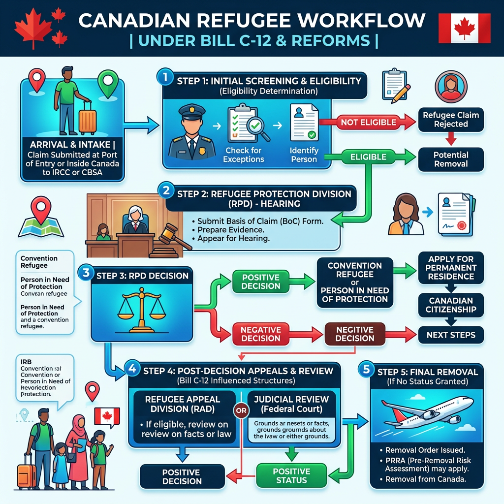 Flowchart depicting the steps in the Canadian refugee claim process from arrival and intake through screening, hearings, decisions, appeals, and potential removal.