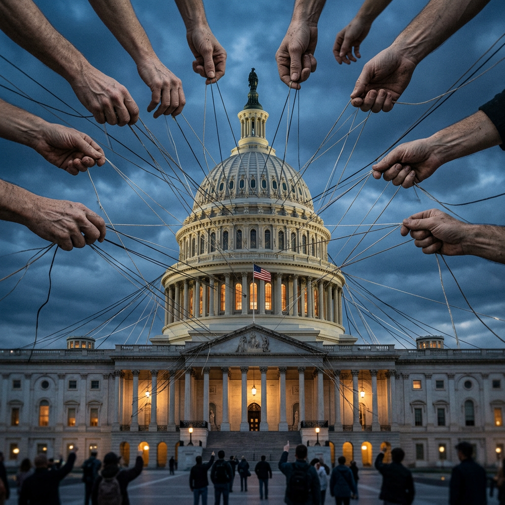 Hands holding strings connected to the U.S. Capitol dome representing influence