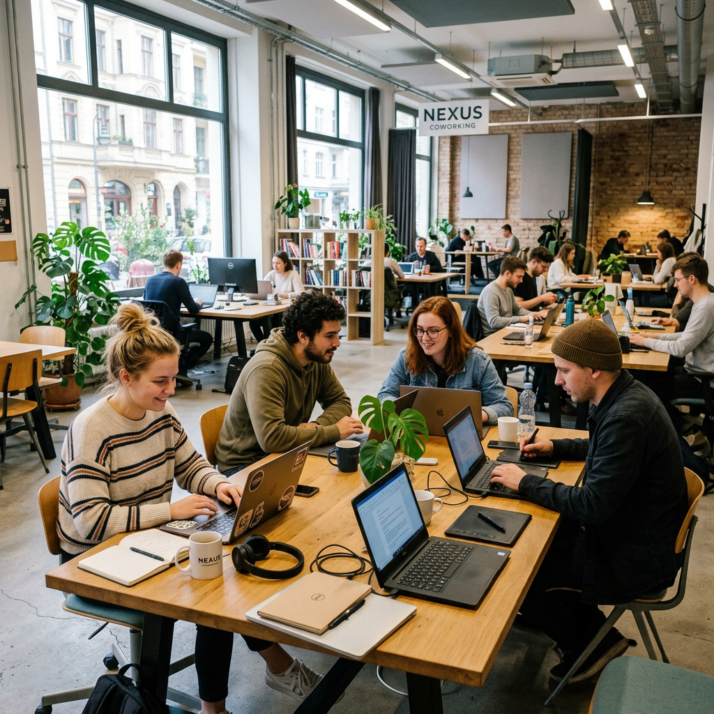 Group of young adults working on laptops and writing at a shared coworking table