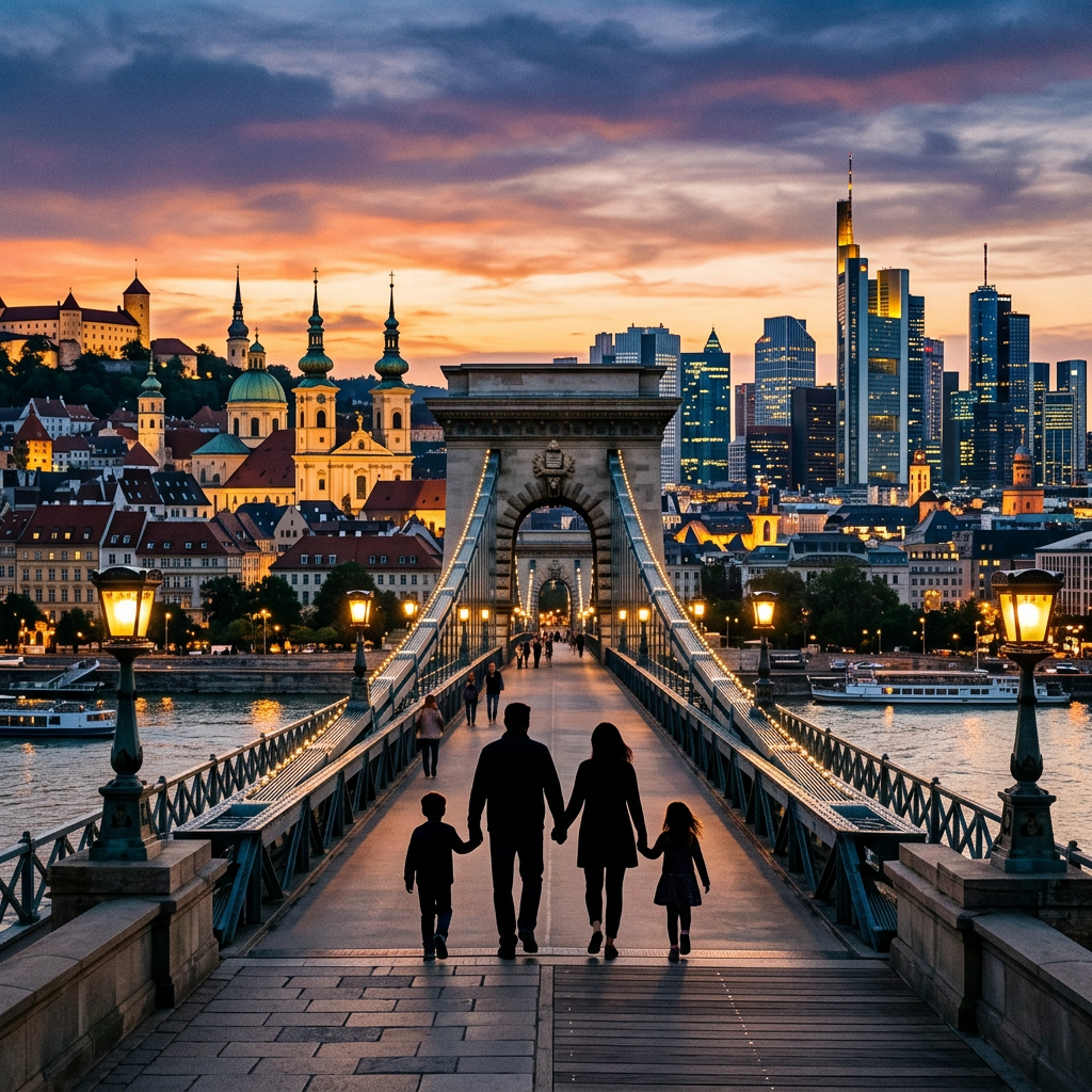 Family walking on a suspension bridge with city skyline and sunset in the background