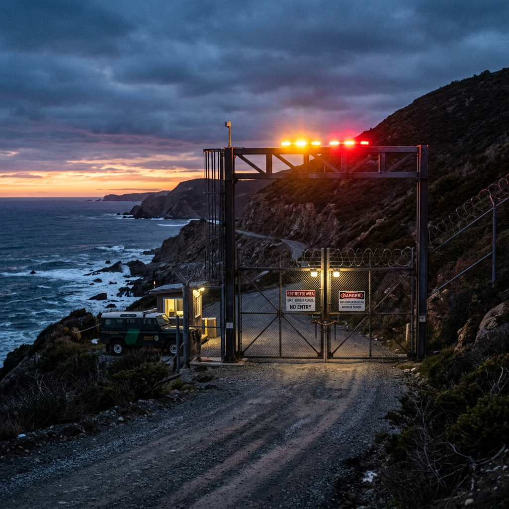 Secured gate with warning signs and lights blocking a coastal road at sunset