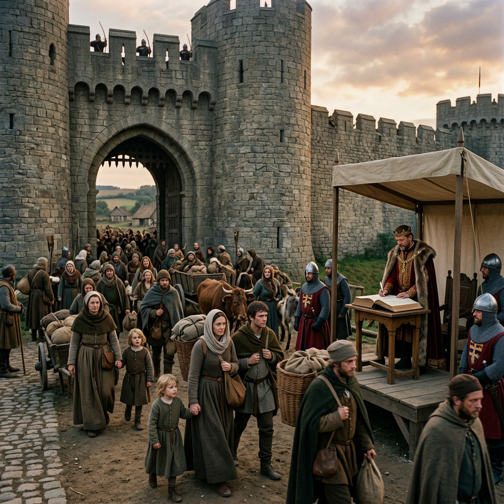 Medieval villagers with goods entering castle gate and nobleman recording names