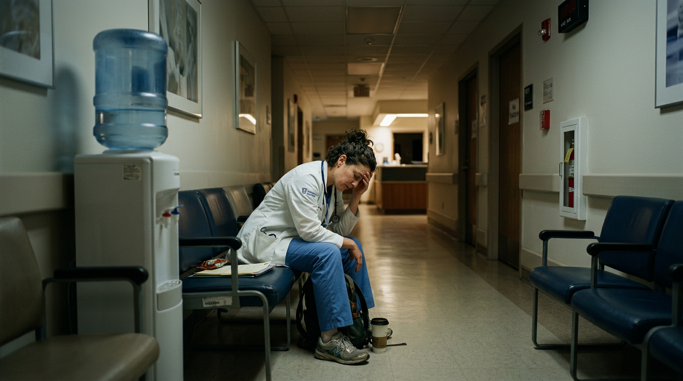 Healthcare worker in blue scrubs and white coat sitting on bench in hospital hallway looking stressed
