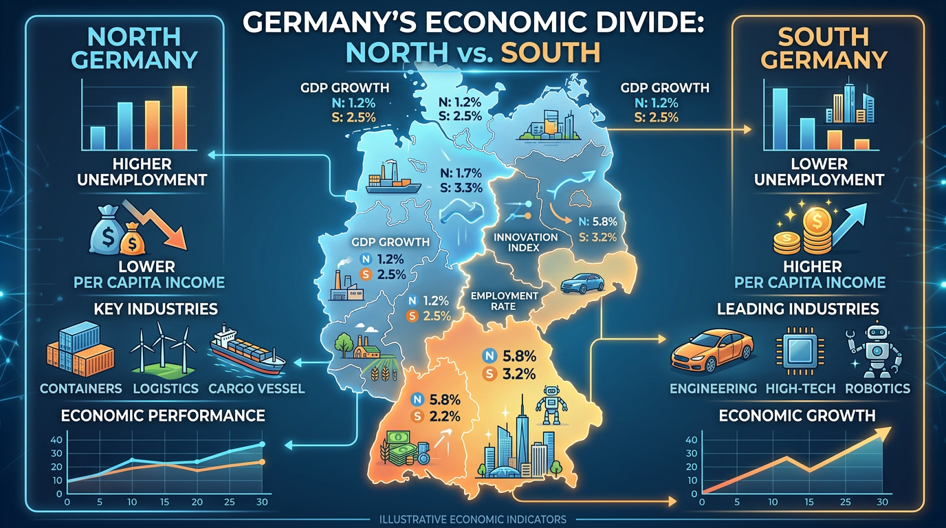 Map showing economic divide between North and South Germany with GDP growth, unemployment, income, industries, and economic performance