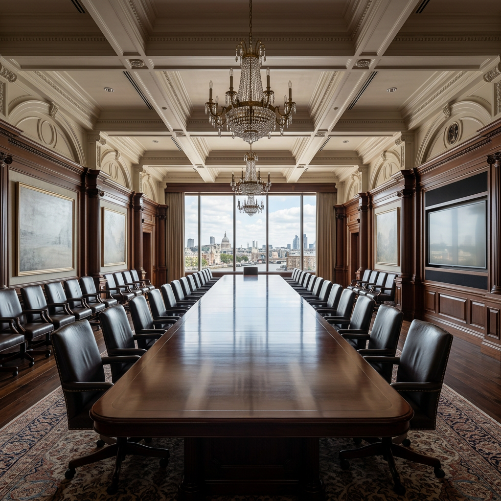 Boardroom with long wooden table, leather chairs, chandeliers, and large window with city view