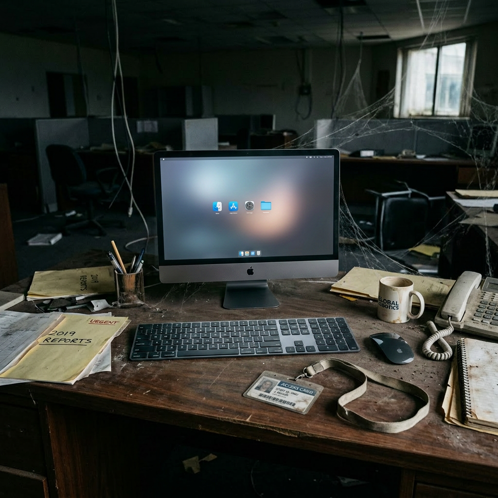 Vintage computer, keyboard, mouse, phone, documents, and mug on dusty office desk