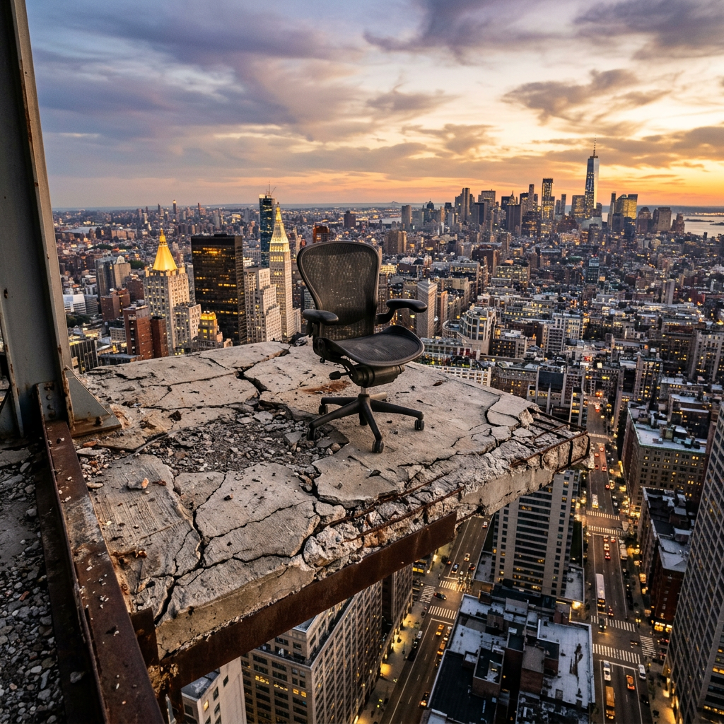 Office chair on cracked rooftop ledge with city skyline at sunset