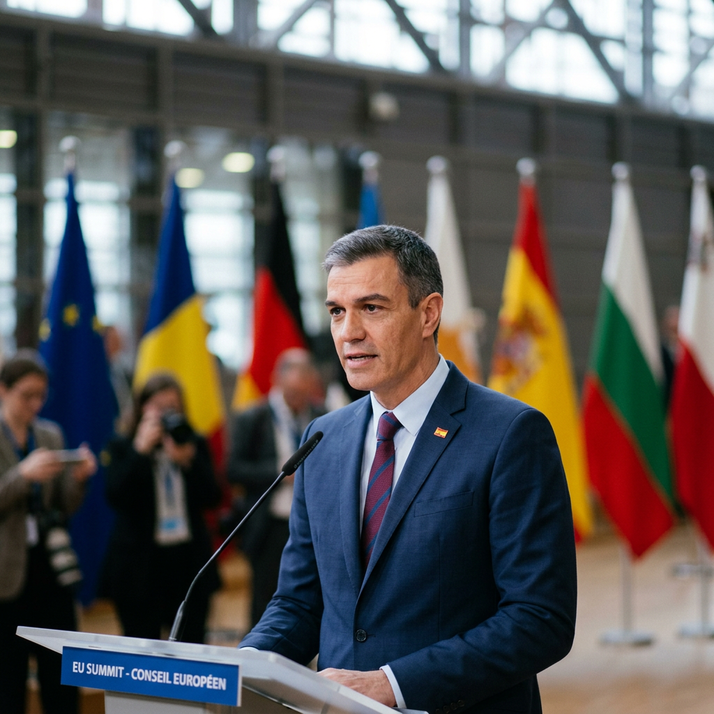 Man in suit speaking at podium during EU summit with flags behind