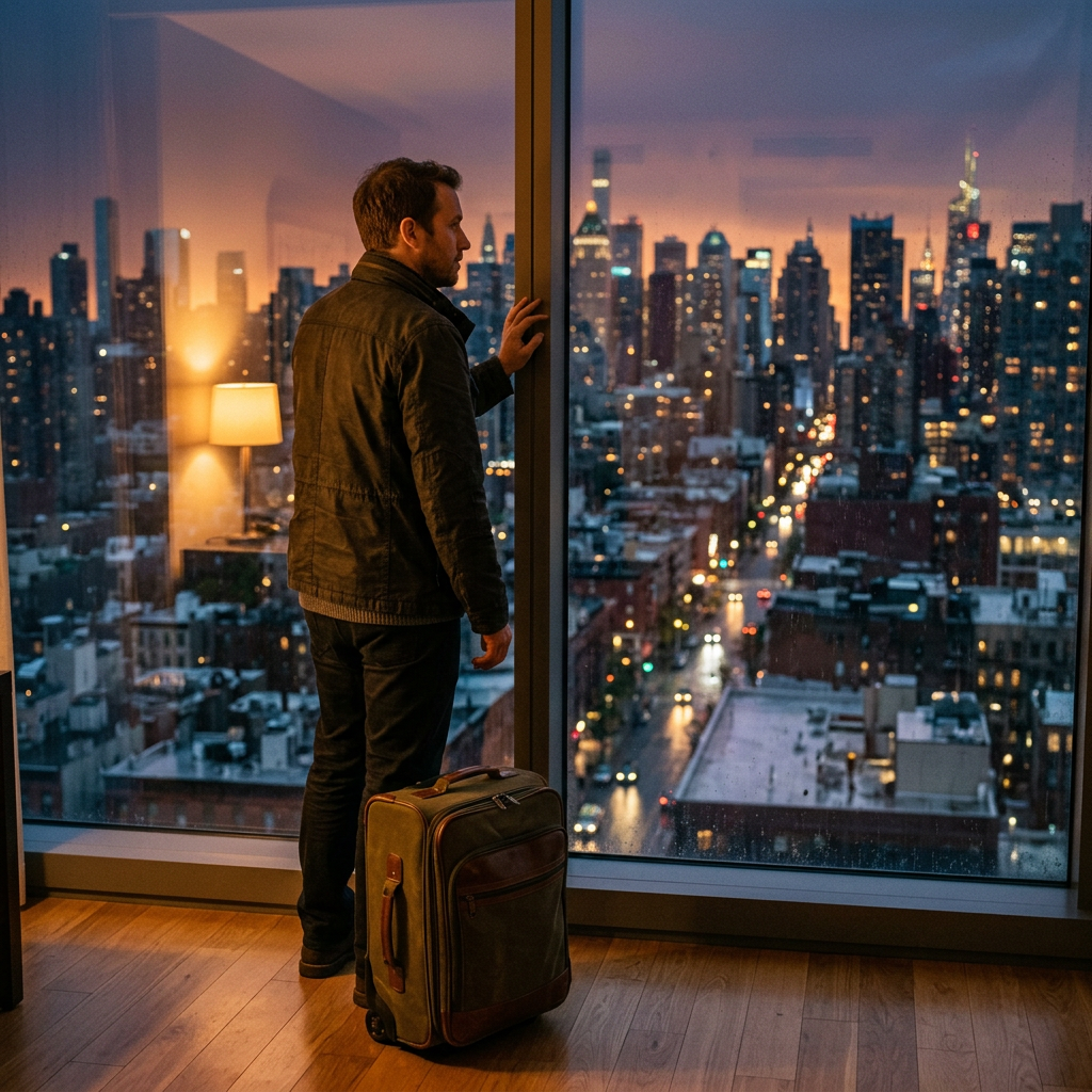 Man standing by floor-to-ceiling window with suitcase, city lights at dusk outside