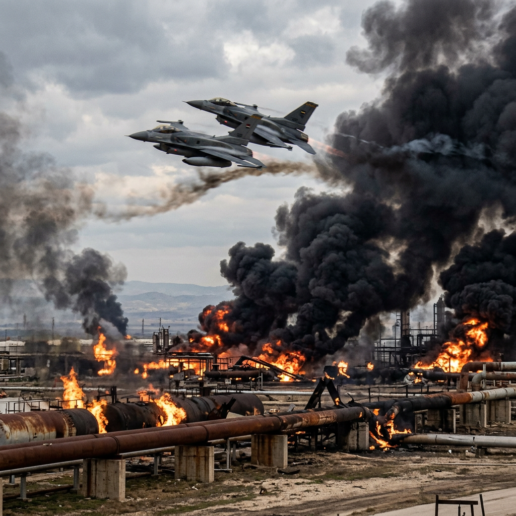 Two fighter jets flying above an industrial site engulfed in fire and thick black smoke