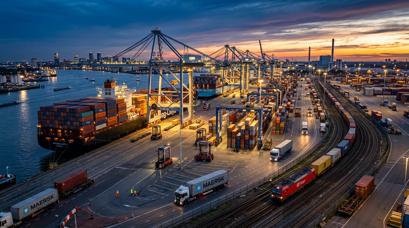 Cargo ships docked at port with cranes unloading containers, trucks and trains transporting containers