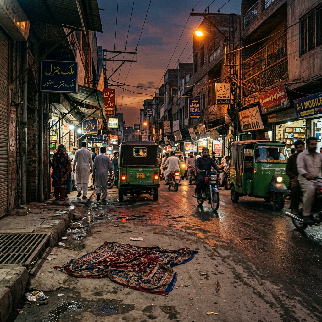 Crowded street with people walking, motorcycles, and rickshaws under evening sky
