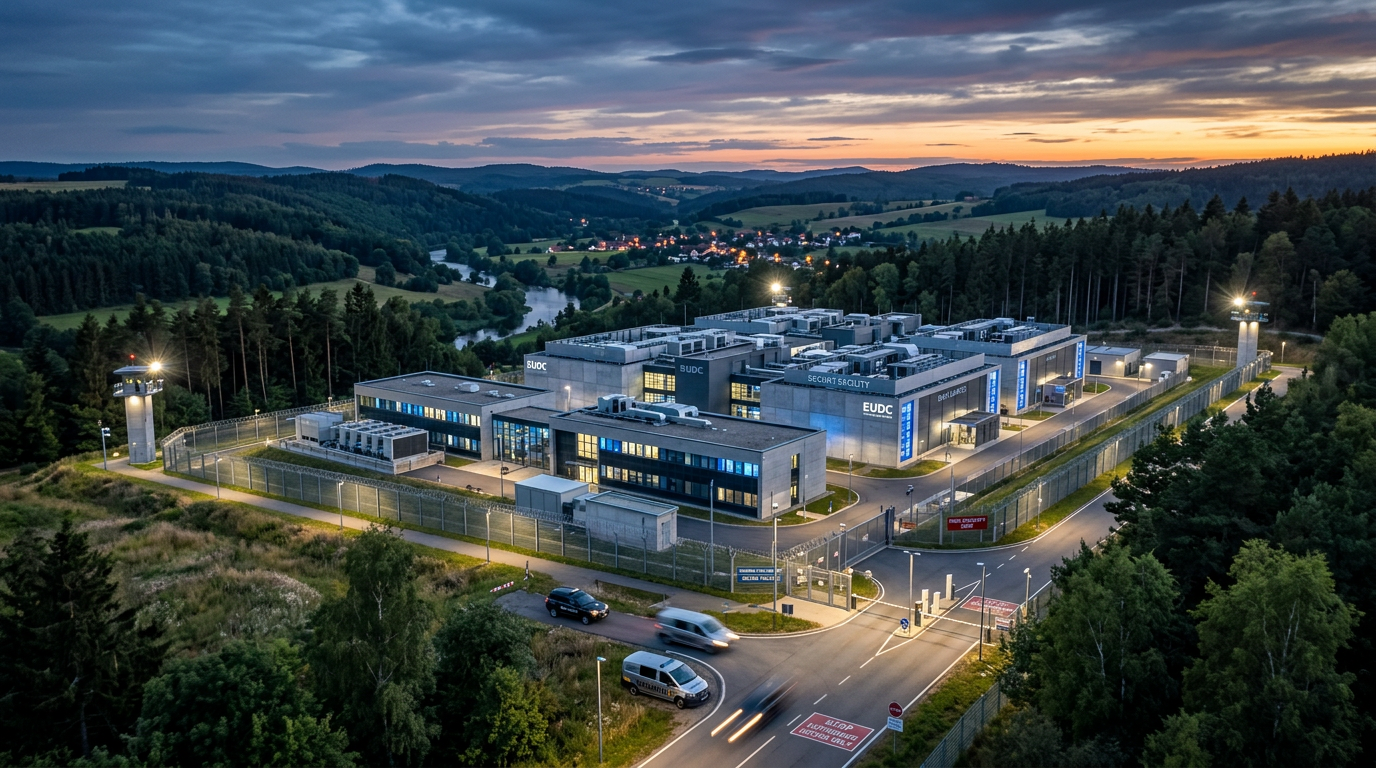 A secure data center complex with fencing and security towers surrounded by forested hills at dusk