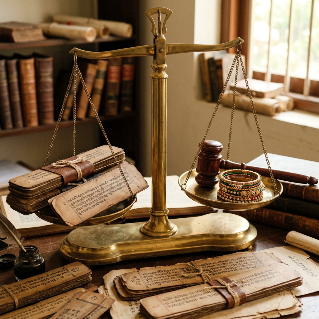 Brass balance scale with old manuscripts on one side and a gavel with bangles on the other